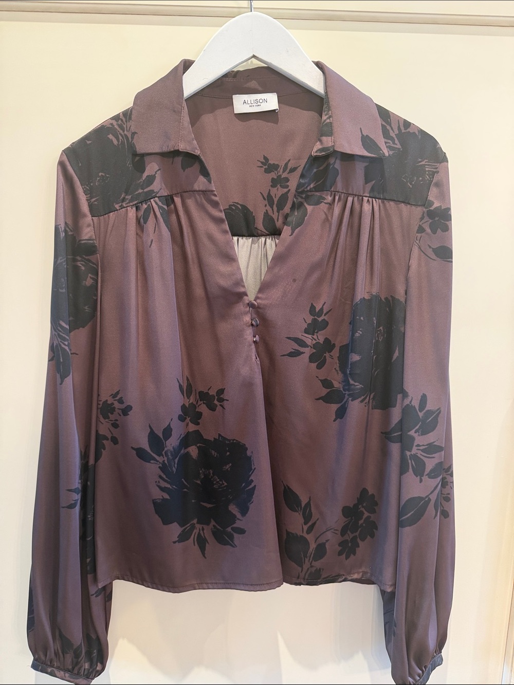 Allison Mauve Floral V-Neck Satin Blouse